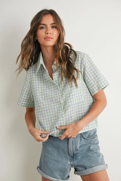 Checkered Tie-Back Polo Crop Button Up- Yellow/Blue