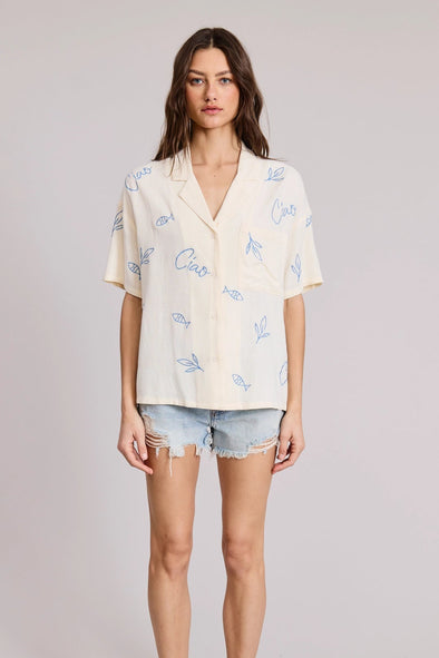 Ciao Embroidered Button Down Shirt- Cream/Blue
