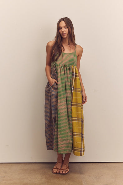 Contrast Plaid Mix Cami Maxi Dress-Multi