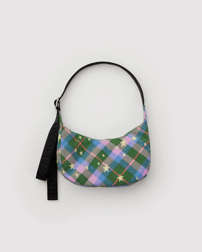 Baggu Small Nylon Crescent Bag- Green Star Plaid