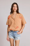 Daisy Embroidered Button Down Blouse- Ripe Peach