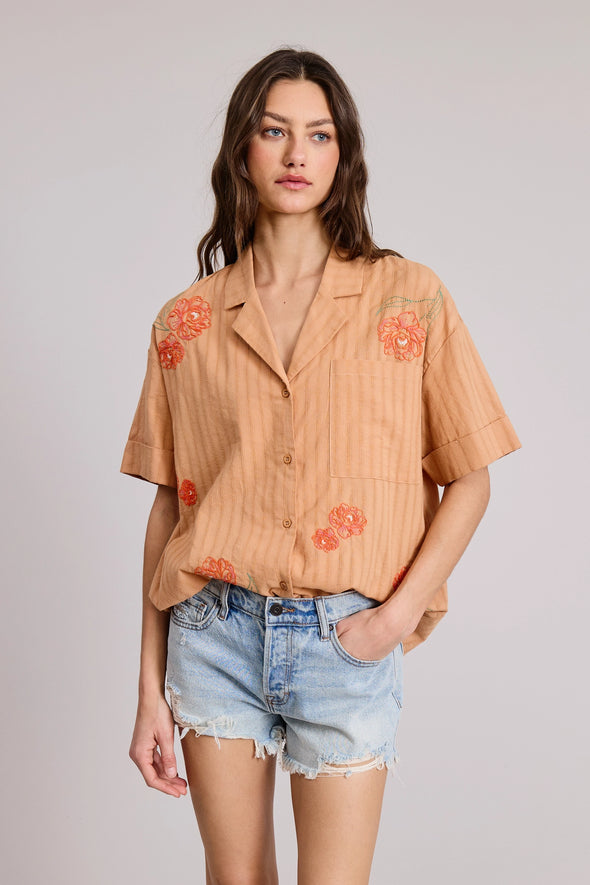 Daisy Embroidered Button Down Blouse- Ripe Peach