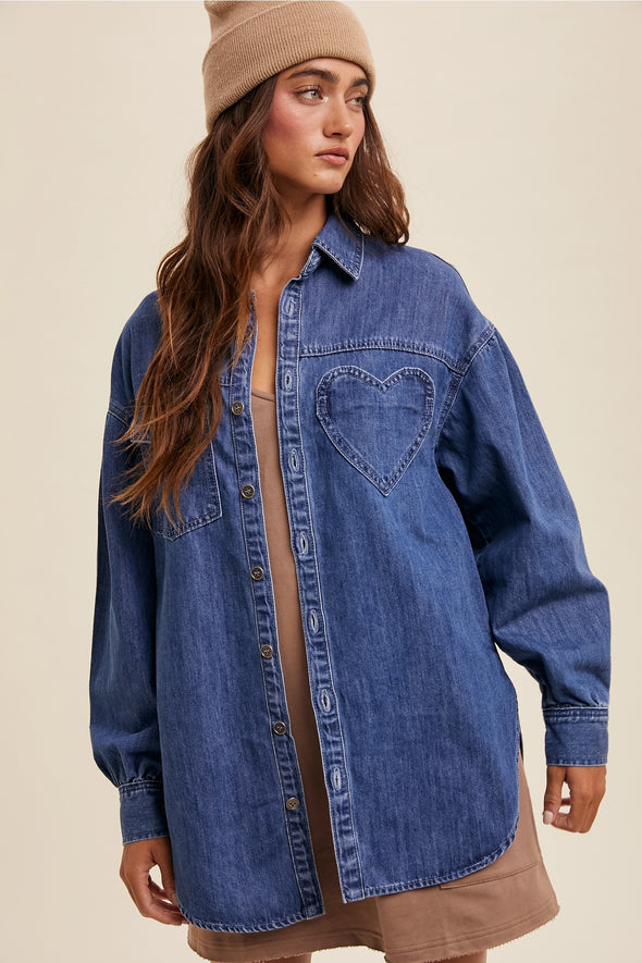 Denim Heart Oversized Shirt Jacket- Indigo