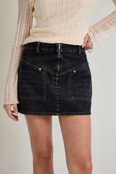 Yoke Front Denim Mini Skirt- Blackwash