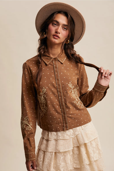 Jessie Embroidered Cropped Button Top- Cocoa