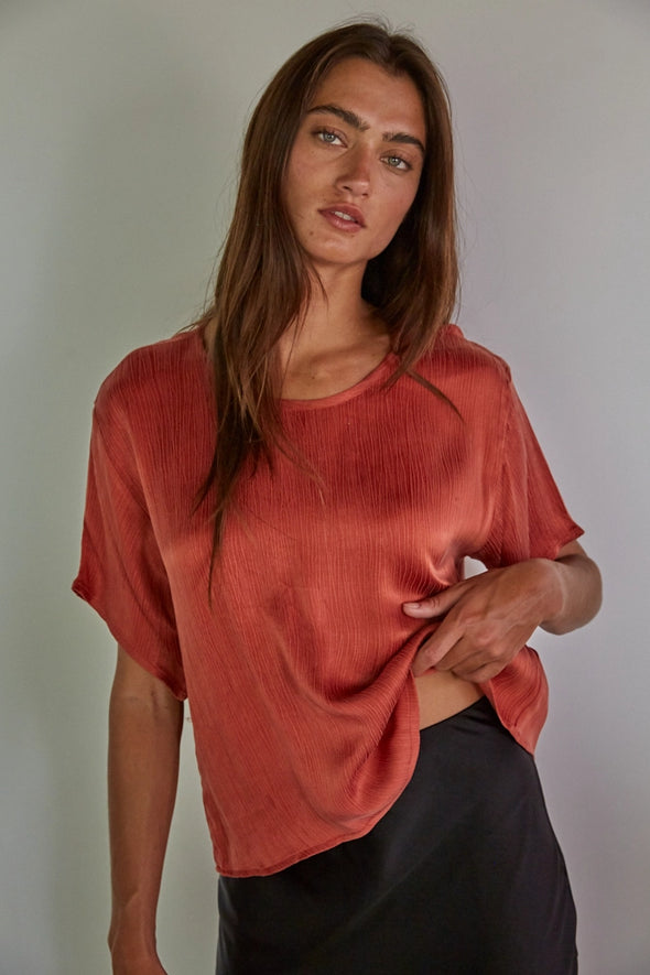 Harvie Cupro Rayon Short Sleeve Top- Rust