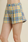 Pleated Plaid Foral Shorts- Yellow Multi