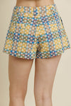 Pleated Plaid Foral Shorts- Yellow Multi