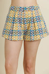 Pleated Plaid Foral Shorts- Yellow Multi