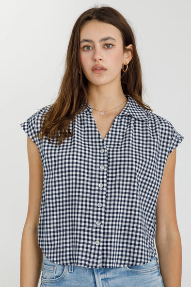 Boxy Cropped Gingham Button Up Top