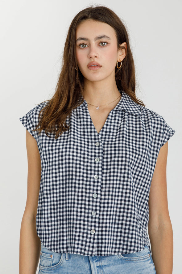 Boxy Cropped Gingham Button Up Top