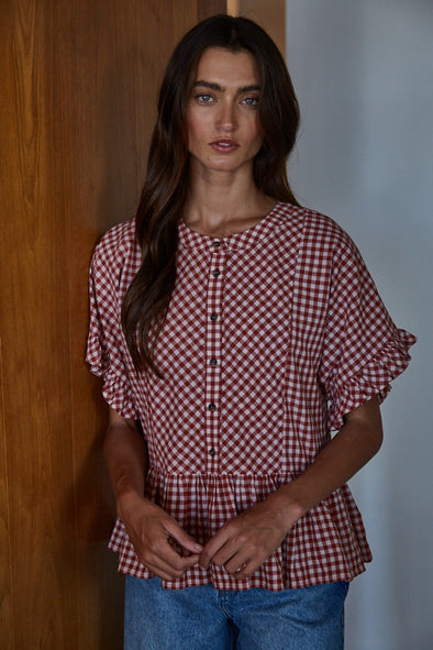 Cotton Gingham Ruffle Top- Red/White