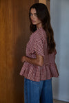 Cotton Gingham Ruffle Top- Red/White