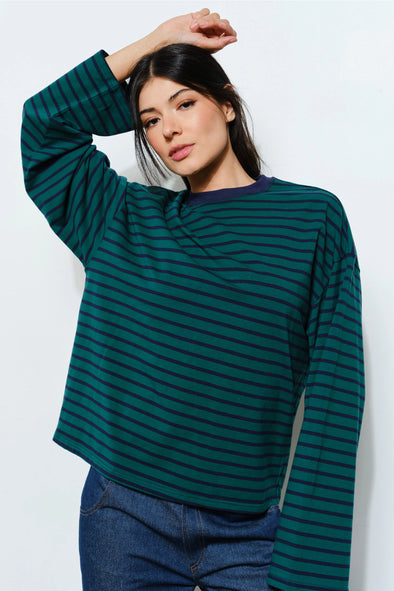 Hasley Boat Neck L/S Top- Hunter Green/Navy