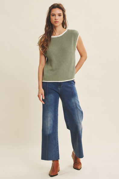 Contrast Rolled Edge Sleeveless Sweater- Hazel Green