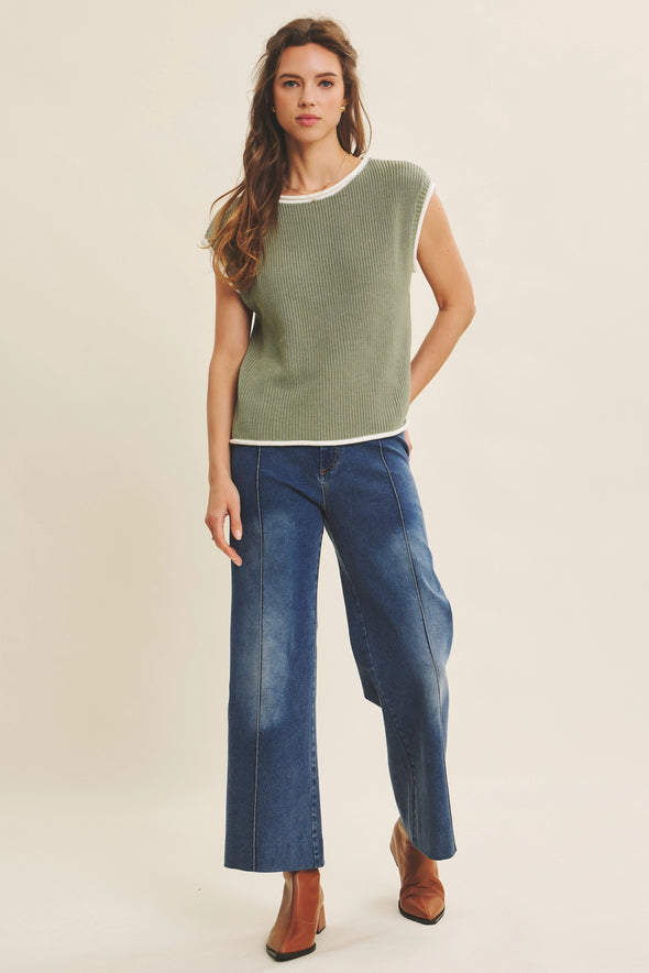 Contrast Rolled Edge Sleeveless Sweater- Hazel Green