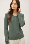 Stitched Thermal Henley Top- Forest Green