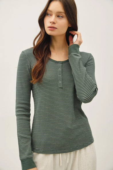 Stitched Thermal Henley Top- Forest Green