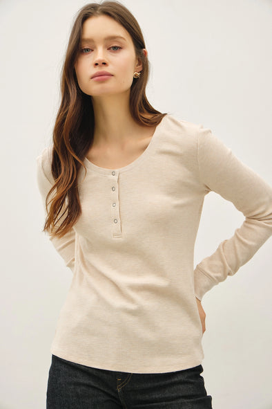 Stitched Thermal Henley Top- Oatmeal