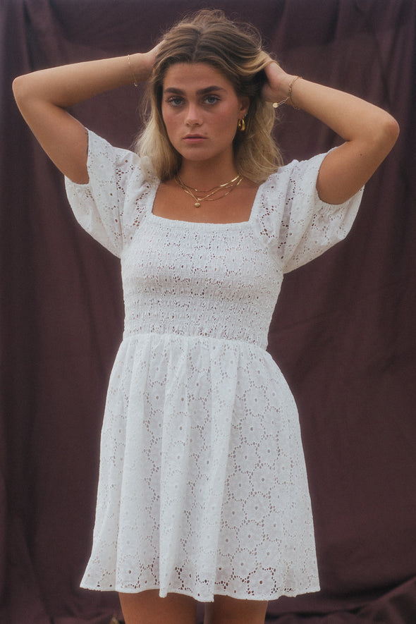 LAST CHANCE! Ruched Puff Sleeve Broderie Dress- White