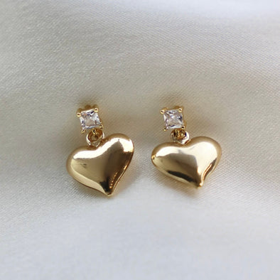 Puff Heart Gold & CZ Stud Earrings