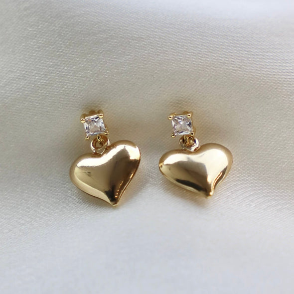 Puff Heart Gold & CZ Stud Earrings