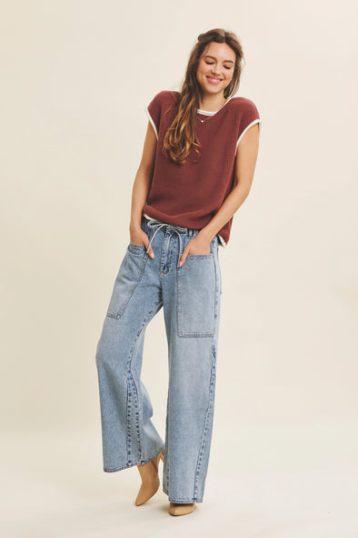 Contrast Rolled Edge Sleeveless Sweater- Irish Coffee