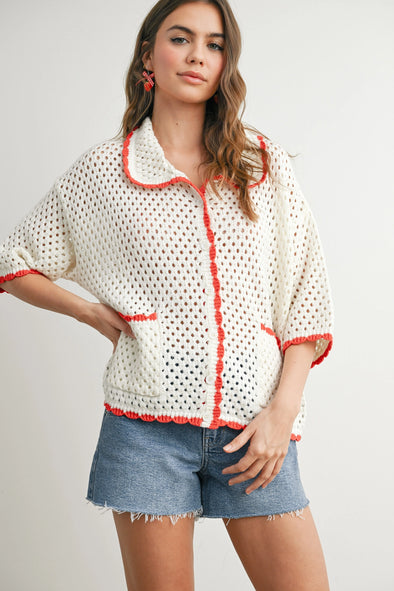 Urban Vibe Crochet Top- Ivory/Red Trim