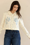 Jessie Embroidered Cropped Button Top- Cream/Blue