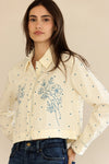 Jessie Embroidered Cropped Button Top- Cream/Blue