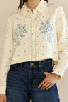 Jessie Embroidered Cropped Button Top- Cream/Blue