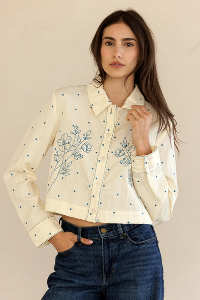 Jessie Embroidered Cropped Button Top- Cream/Blue
