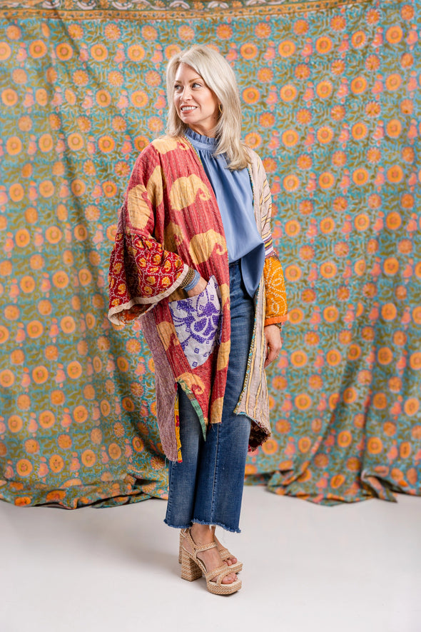 Reversible Kantha Kaftan Midi Robe- Multi