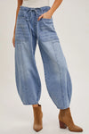 Drawstring Relaxed Barrel Pant- Mid Wash