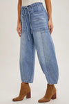 Drawstring Relaxed Barrel Pant- Mid Wash