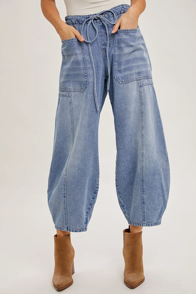 Drawstring Relaxed Barrel Pant- Mid Wash