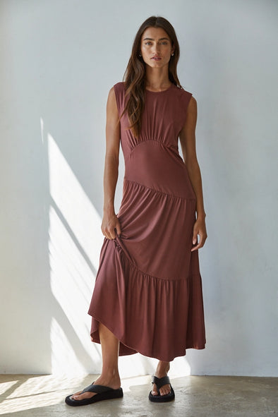 Sleeveless Maxi Flare Dress- Mahogany