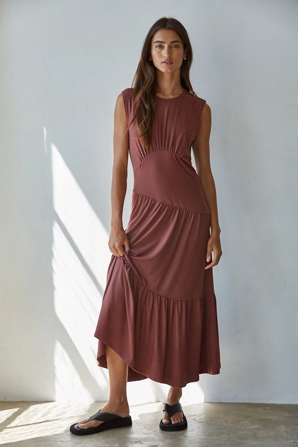 Sleeveless Maxi Flare Dress- Mahogany