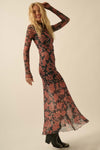 Fever-pitch Floral Mesh Mock Neck Maxi Dress- Charcoal/Reds