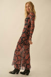 Fever-pitch Floral Mesh Mock Neck Maxi Dress- Charcoal/Reds