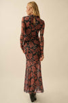 Fever-pitch Floral Mesh Mock Neck Maxi Dress- Charcoal/Reds