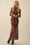 Fever-pitch Floral Mesh Mock Neck Maxi Dress- Charcoal/Reds