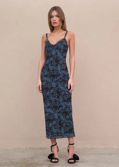 Mesh Flower Print Dress- Navy/Black