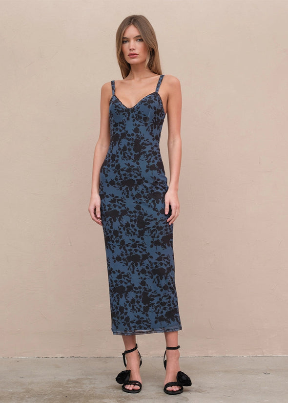 Mesh Flower Print Dress- Navy/Black