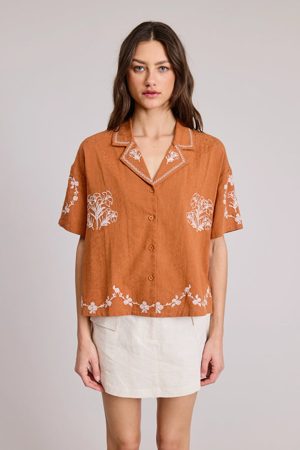 Monaco Embroidered Button Down Shirt- Rust