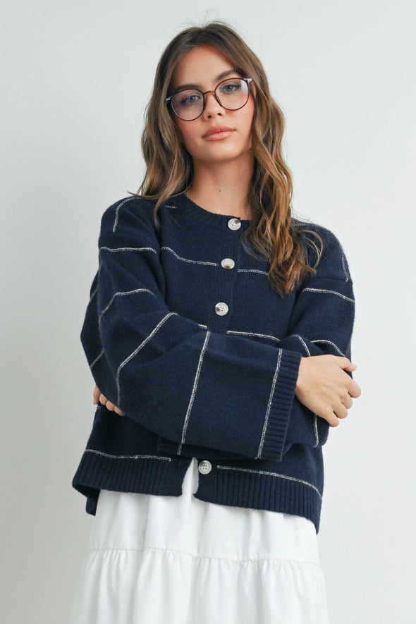 Addie Navy Stripe Cardigan- Navy/White