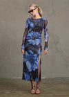 Night Out Mesh Printed L/S Dress- Navy/Blue/Black