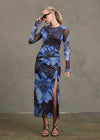 Night Out Mesh Printed L/S Dress- Navy/Blue/Black