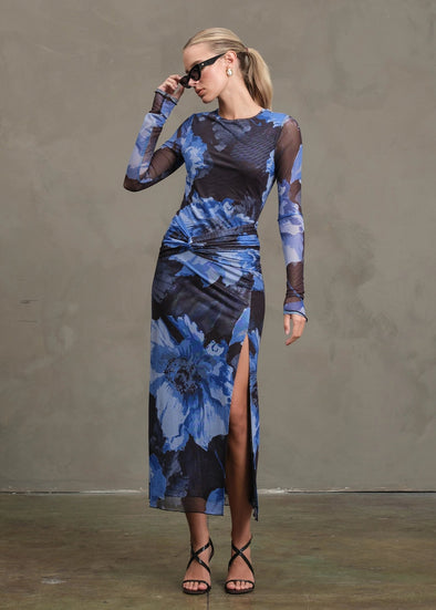 Night Out Mesh Printed L/S Dress- Navy/Blue/Black