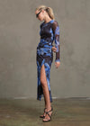 Night Out Mesh Printed L/S Dress- Navy/Blue/Black